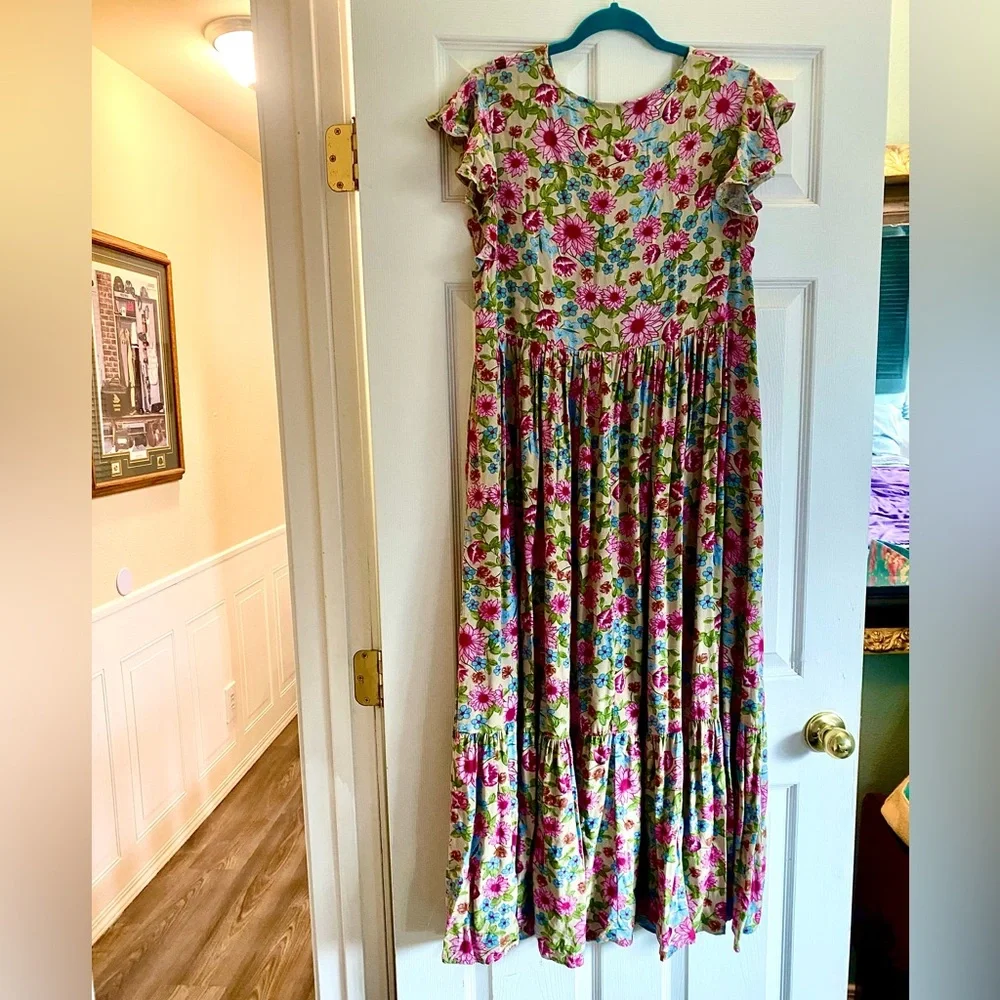 BloomChic Pink Floral Maxi Dress on Green Background. - Picture 6 of 9